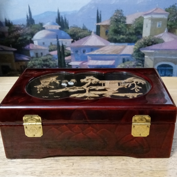 1980's Vintage Chinese Jewelry/Music Box 🎵Oriental Lacquer Wood Satin Lining🎻 - Picture 5 of 14
